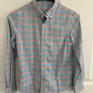 Southern Tide Boys blue & orange plaid button down shirt M